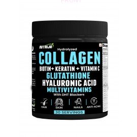 Hydrolyzed Marine Collagen with Biotin, Vitamin C, Zinc, Keratin, Glutathione, Hyaluronic Acid, DHT Blocker & Multivitamins.